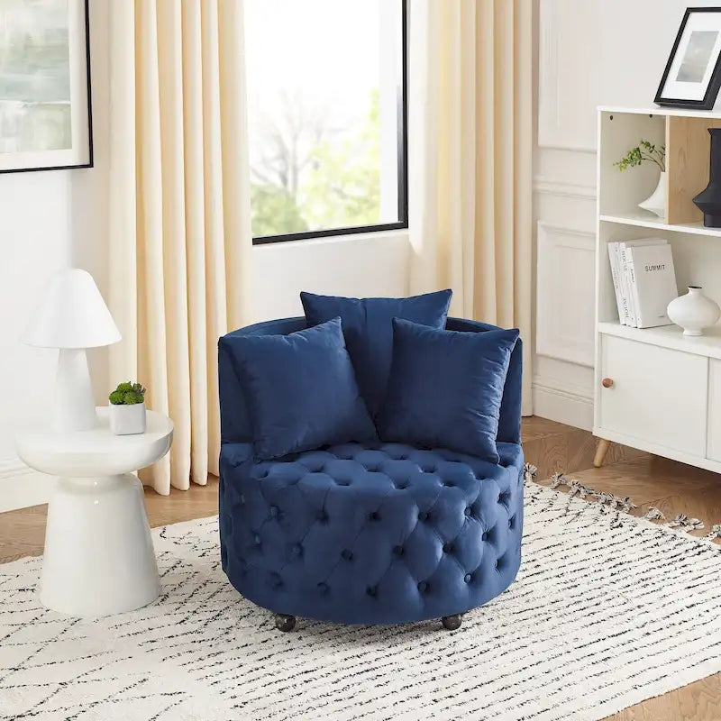 Blue Velvet Tufted Swivel Accent Chair with Caster Wheels