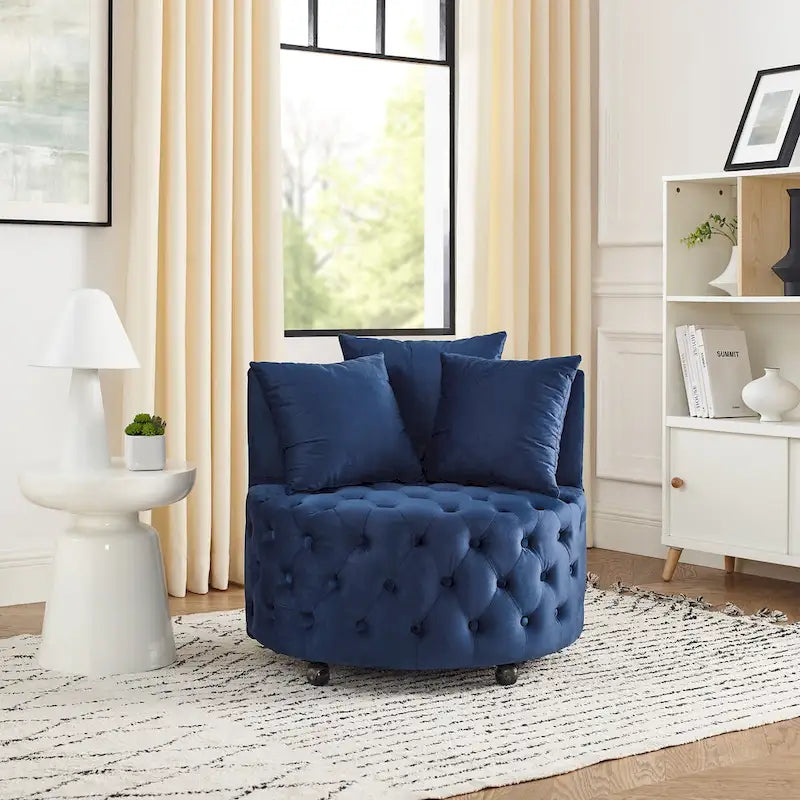Blue Velvet Tufted Swivel Accent Chair with Caster Wheels
