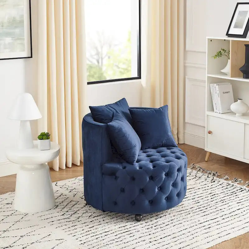 Blue Velvet Tufted Swivel Accent Chair with Caster Wheels