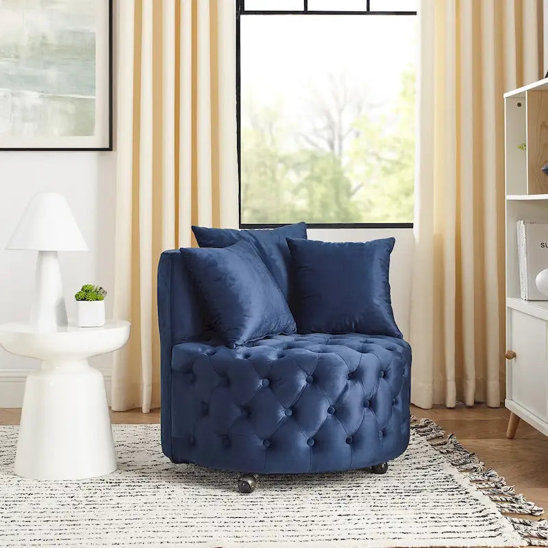 Blue Velvet Tufted Swivel Accent Chair with Caster Wheels