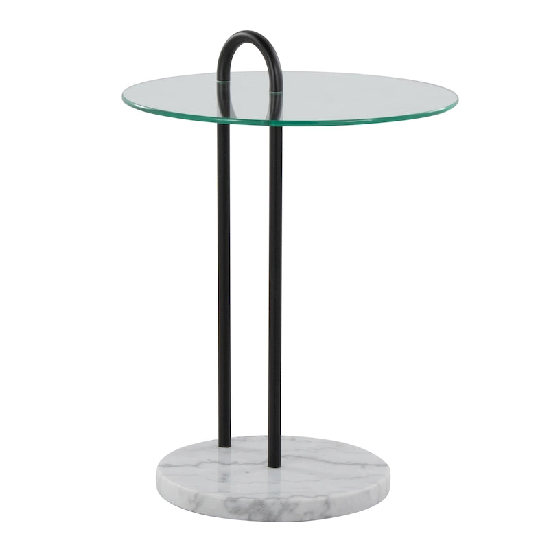 Contemporary Glam Side Table with White Marble Base, Black Metal Frame and Clear Glass Top
