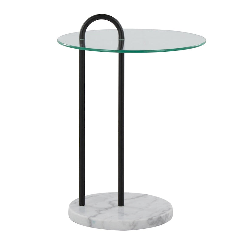 Contemporary Glam Side Table with White Marble Base, Black Metal Frame and Clear Glass Top