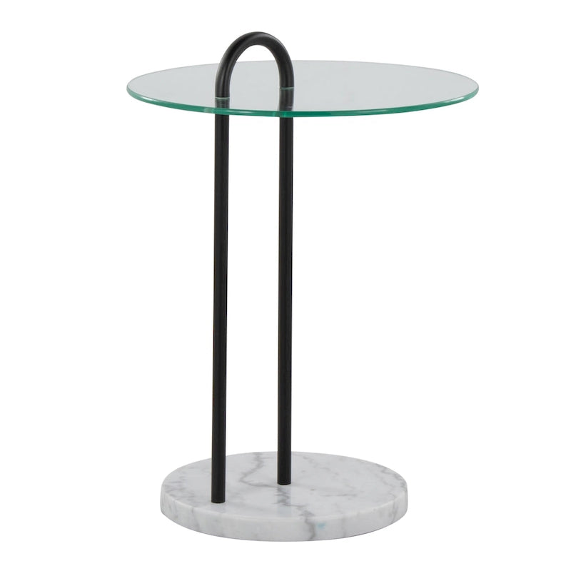 Contemporary Glam Side Table with White Marble Base, Black Metal Frame and Clear Glass Top
