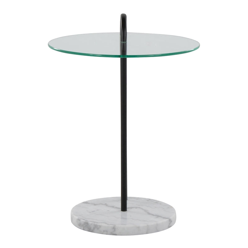 Contemporary Glam Side Table with White Marble Base, Black Metal Frame and Clear Glass Top