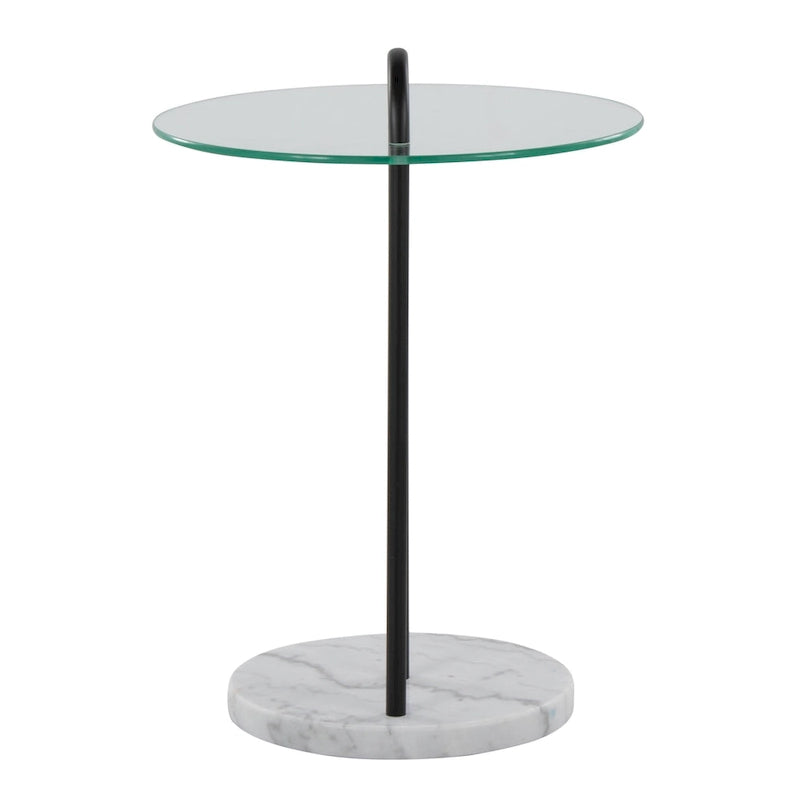 Contemporary Glam Side Table with White Marble Base, Black Metal Frame and Clear Glass Top