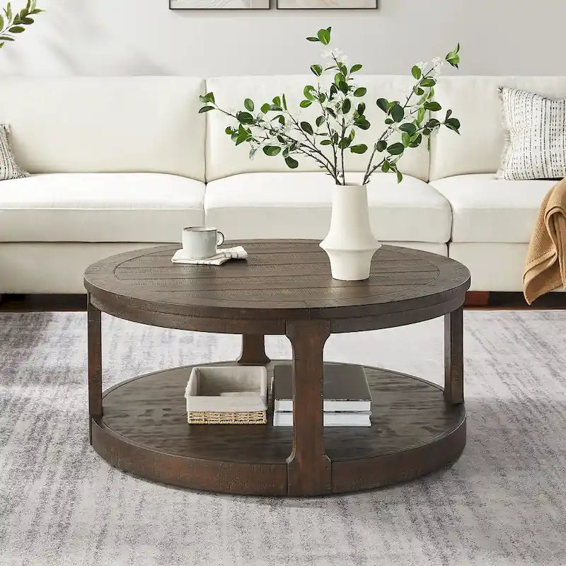 40-Inch Round Two-Tier Wood Coffee Table with Vintage Design
