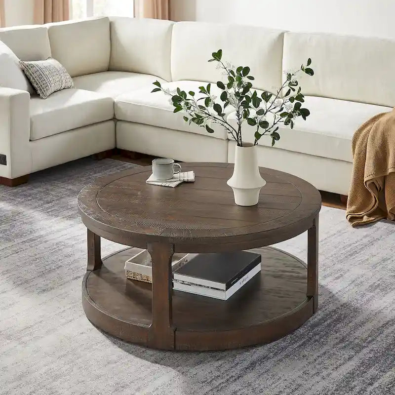 40-Inch Round Two-Tier Wood Coffee Table with Vintage Design
