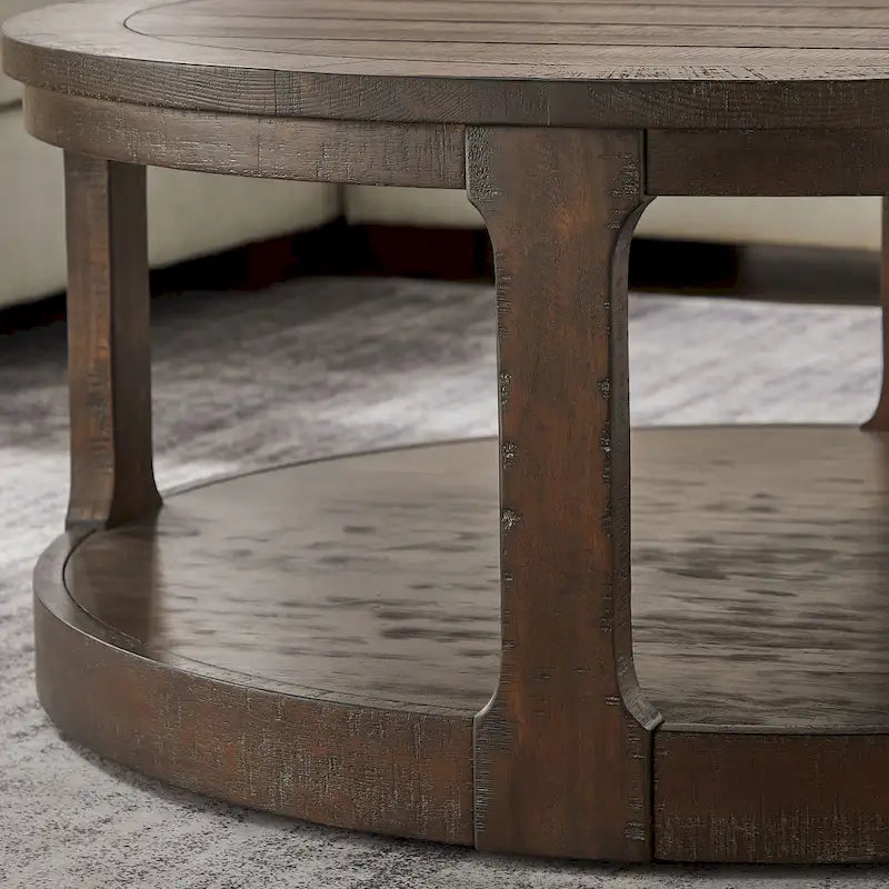 40-Inch Round Two-Tier Wood Coffee Table with Vintage Design