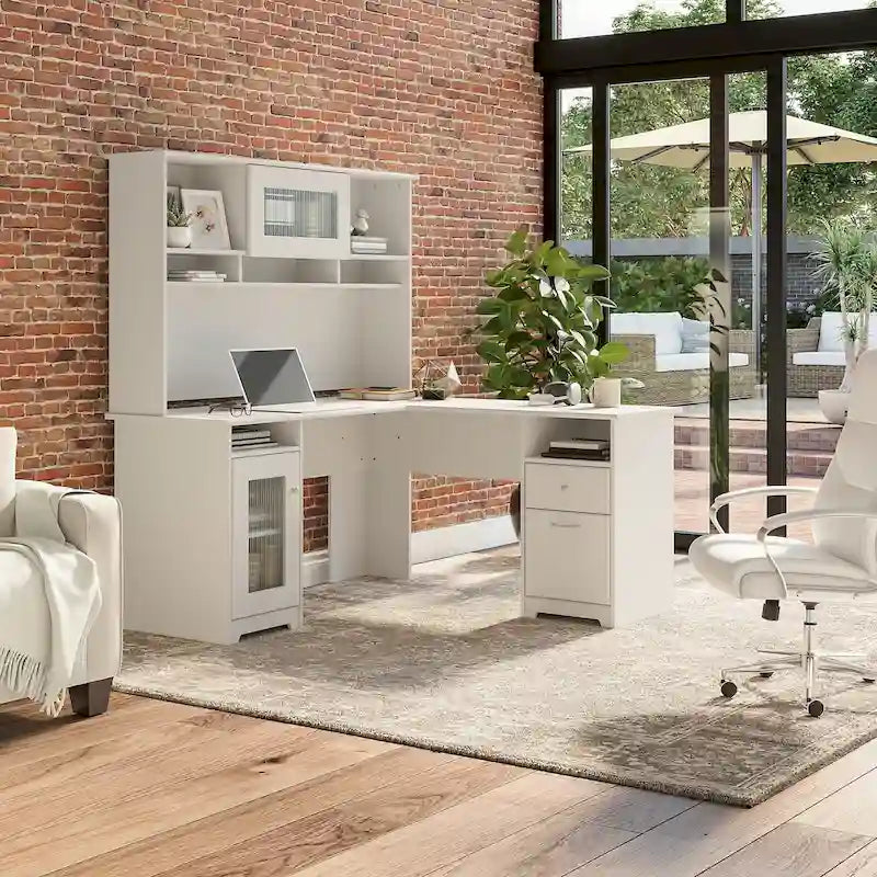 60W L-Shaped Desk with Hutch and Storage