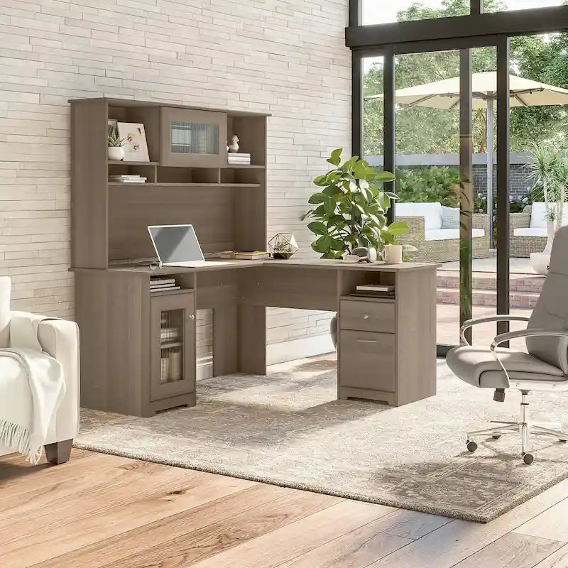 60W L-Shaped Desk with Hutch and Storage