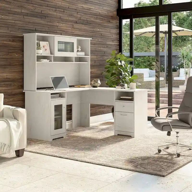 60W L-Shaped Desk with Hutch and Storage