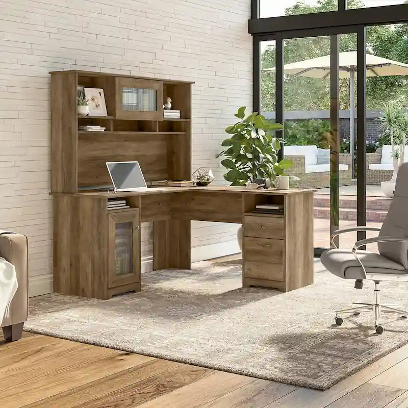 60W L-Shaped Desk with Hutch and Storage