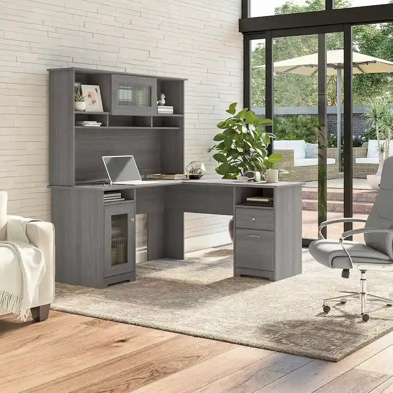 60W L-Shaped Desk with Hutch and Storage