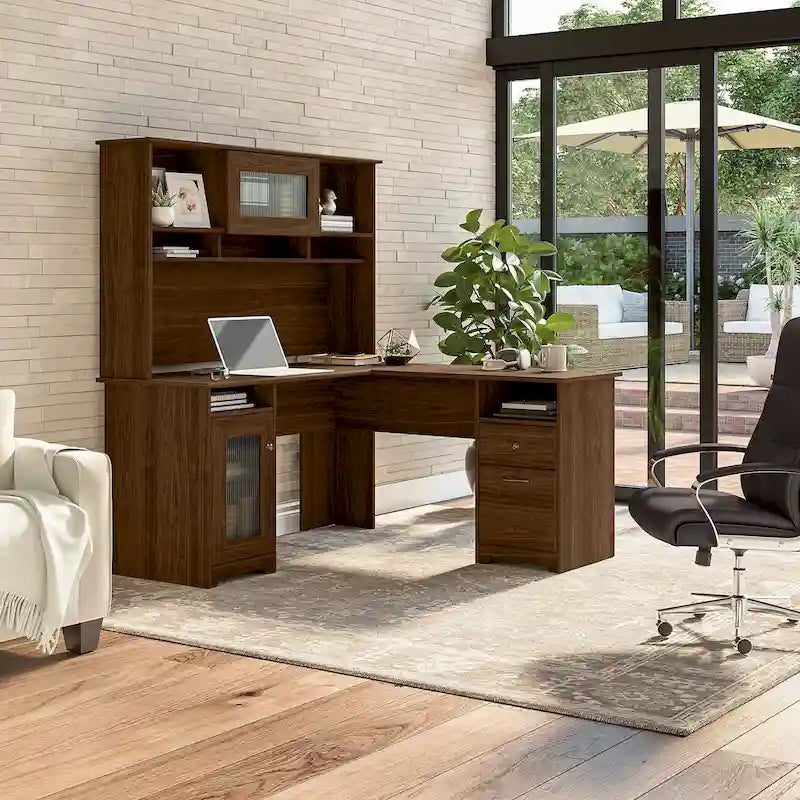 60W L-Shaped Desk with Hutch and Storage