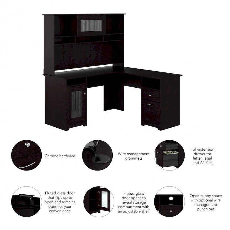 60W L-Shaped Desk with Hutch and Storage