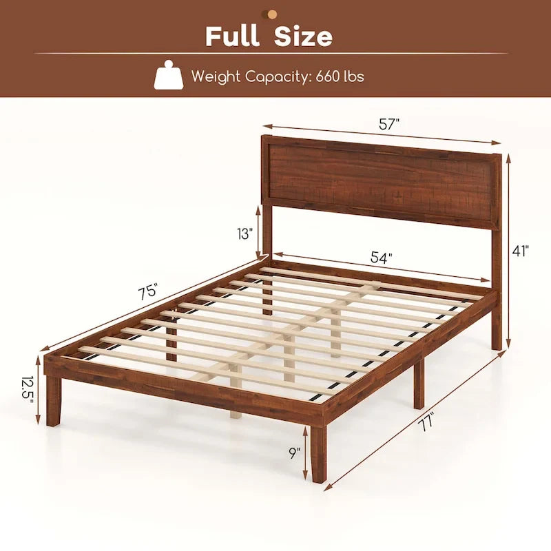 Twin/Full/Queen Wood Platform Bed with Rustic Headboard and Storage Space