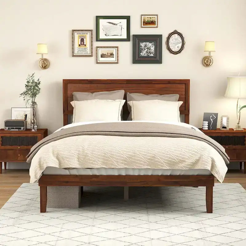 Twin/Full/Queen Wood Platform Bed with Rustic Headboard and Storage Space