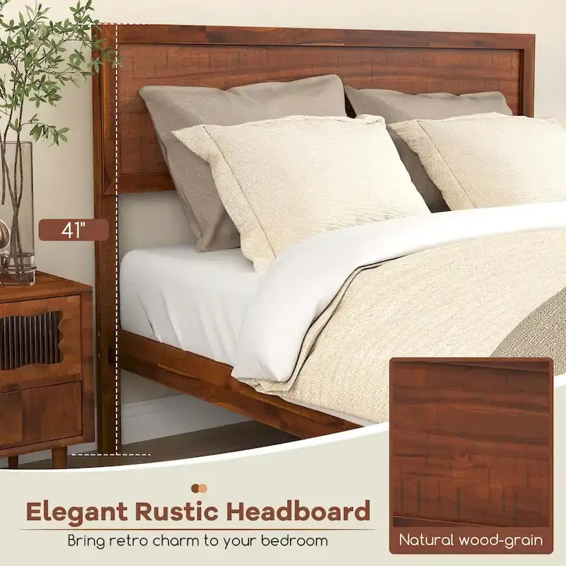 Twin/Full/Queen Wood Platform Bed with Rustic Headboard and Storage Space