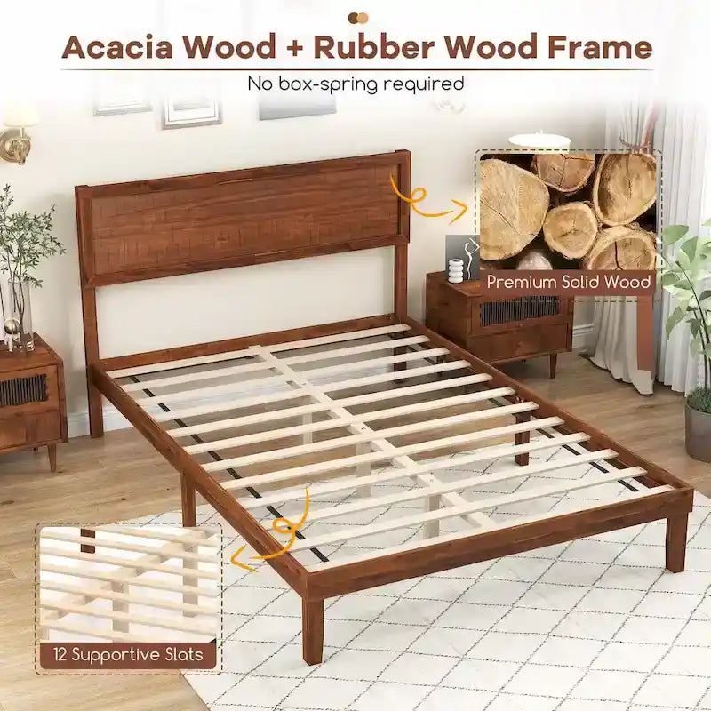 Twin/Full/Queen Wood Platform Bed with Rustic Headboard and Storage Space