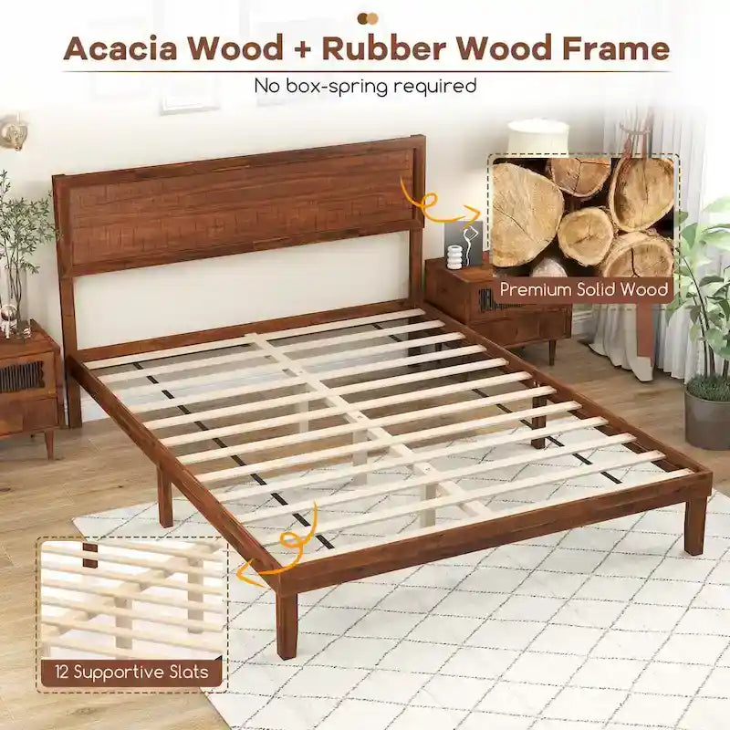 Twin/Full/Queen Wood Platform Bed with Rustic Headboard and Storage Space