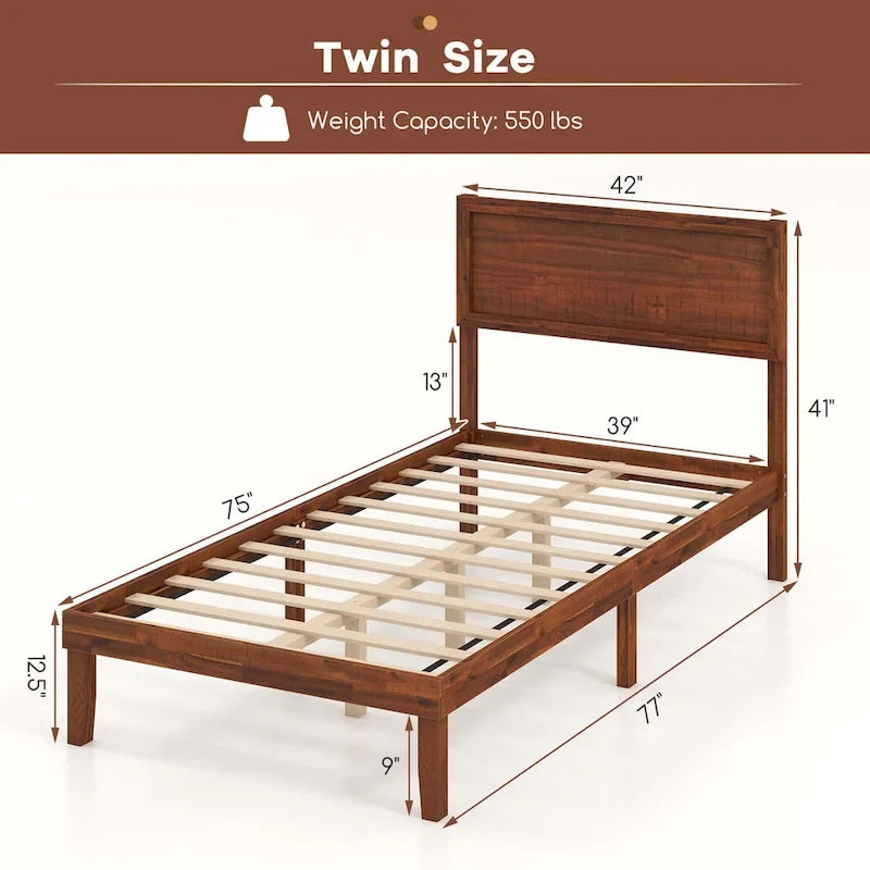 Twin/Full/Queen Wood Platform Bed with Rustic Headboard and Storage Space