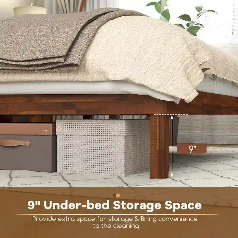 Twin/Full/Queen Wood Platform Bed with Rustic Headboard and Storage Space