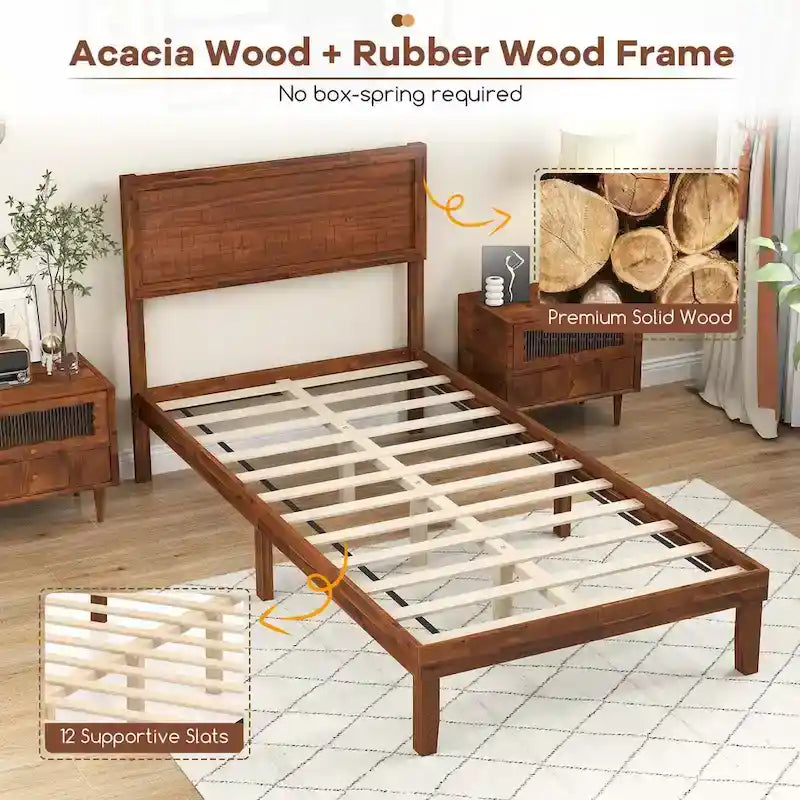 Twin/Full/Queen Wood Platform Bed with Rustic Headboard and Storage Space