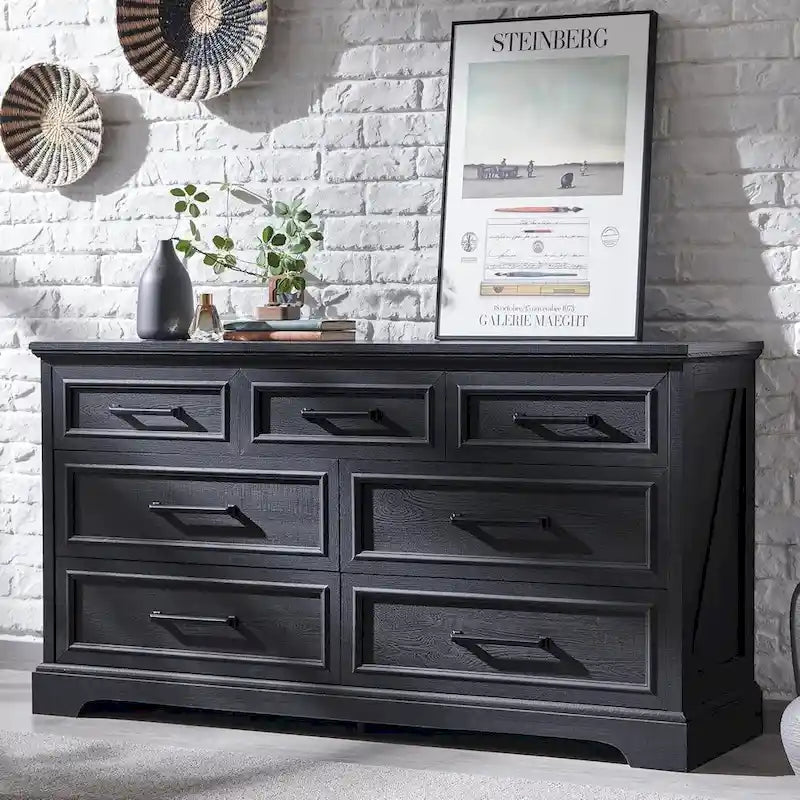 Rustic Farmhouse 7-Drawer Dresser with Metal Handles