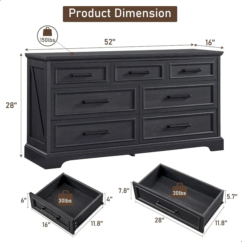 Rustic Farmhouse 7-Drawer Dresser with Metal Handles