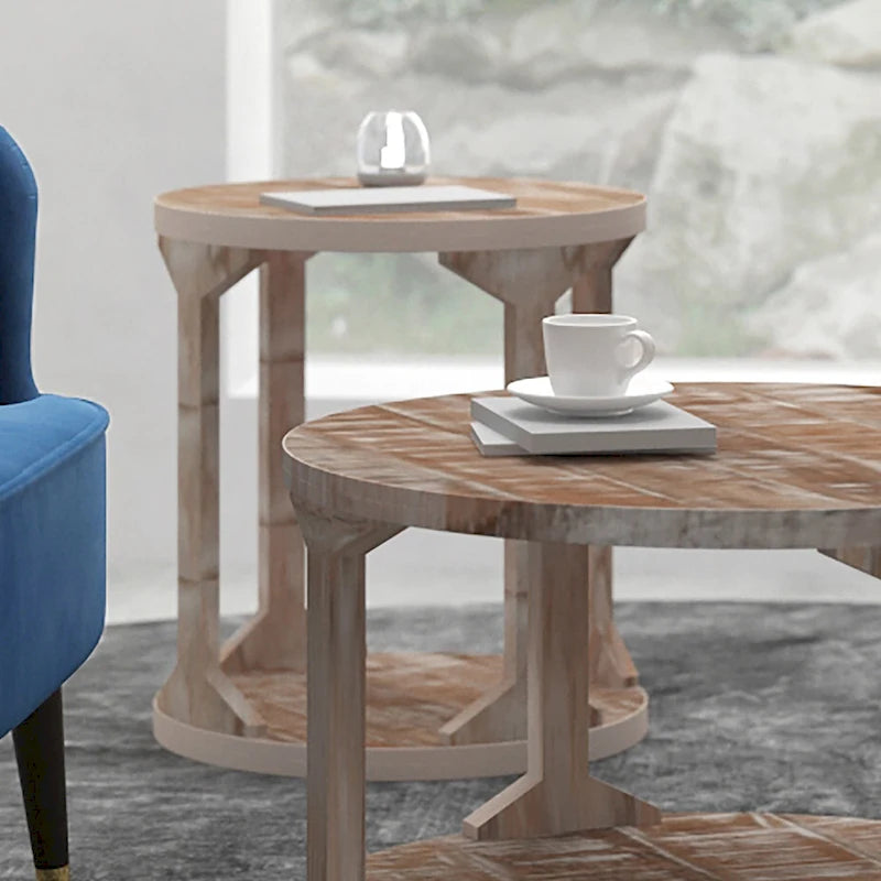 22-Inch Round Two-Tier Handmade Mango Wood End Table - Beige