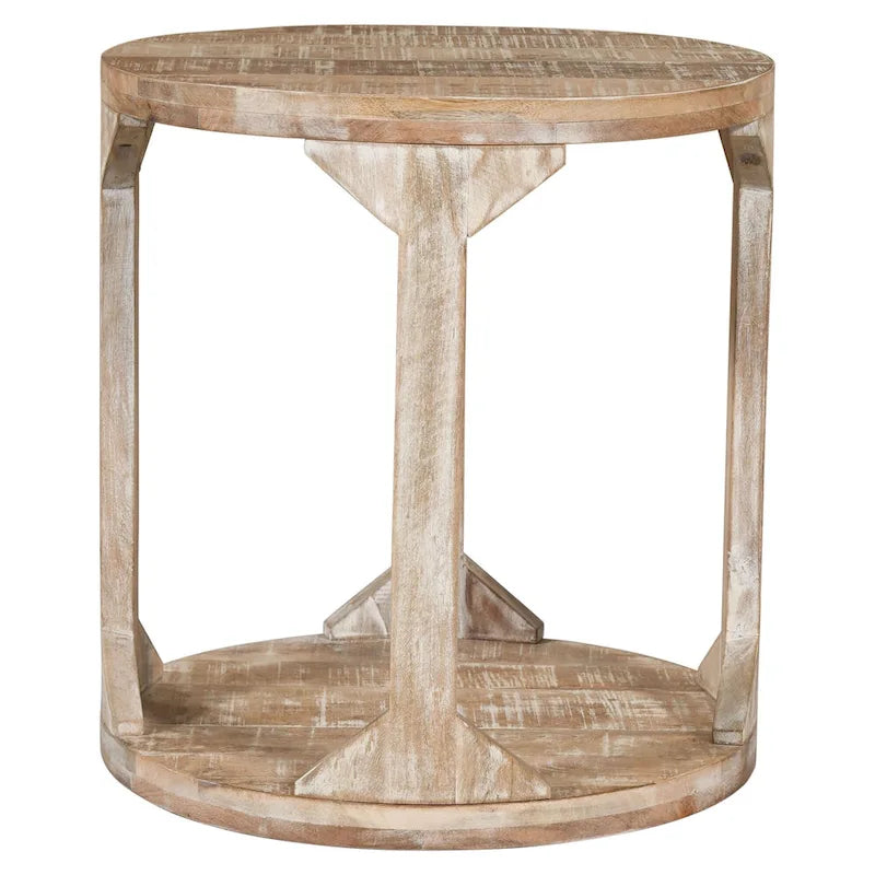 22-Inch Round Two-Tier Handmade Mango Wood End Table - Beige