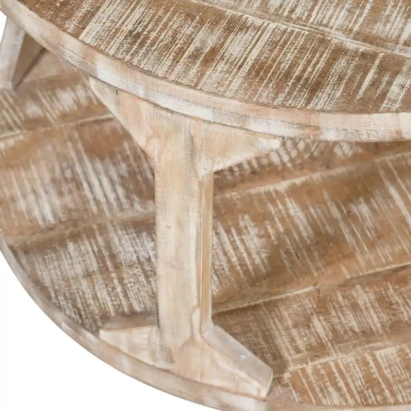 22-Inch Round Two-Tier Handmade Mango Wood End Table - Beige
