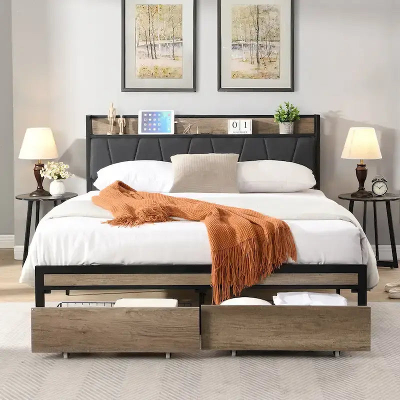 Full Size Metal Platform Bed with Drawers and Storage Headboard