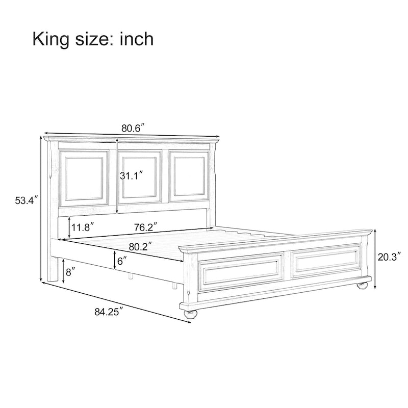 Letto king-size bianco in legno di pino con supporto a doghe in legno