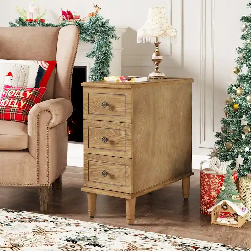 Fully Assembled Narrow Wood End Table with 3 Drawers