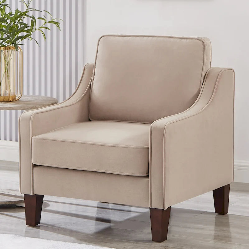Velvet Upholstered Accent Armchair with Wooden Legs