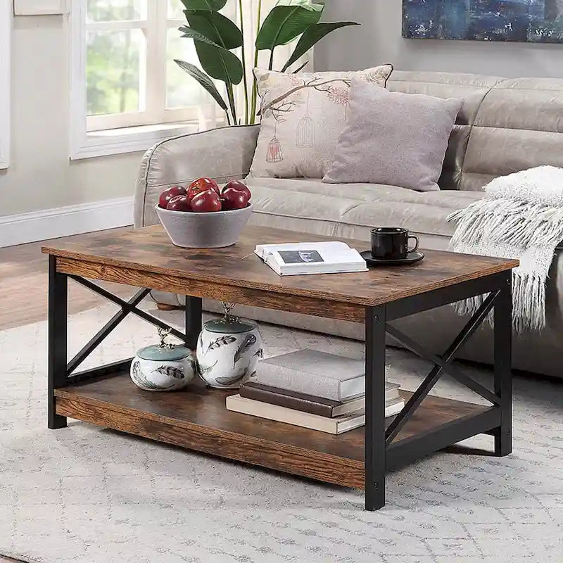 Coffee Table with Storage Shelf and X-Shaped Sides