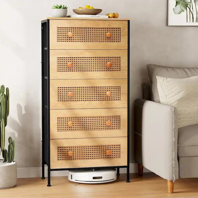 5-Drawer Faux Rattan Dresser with Wood Handles