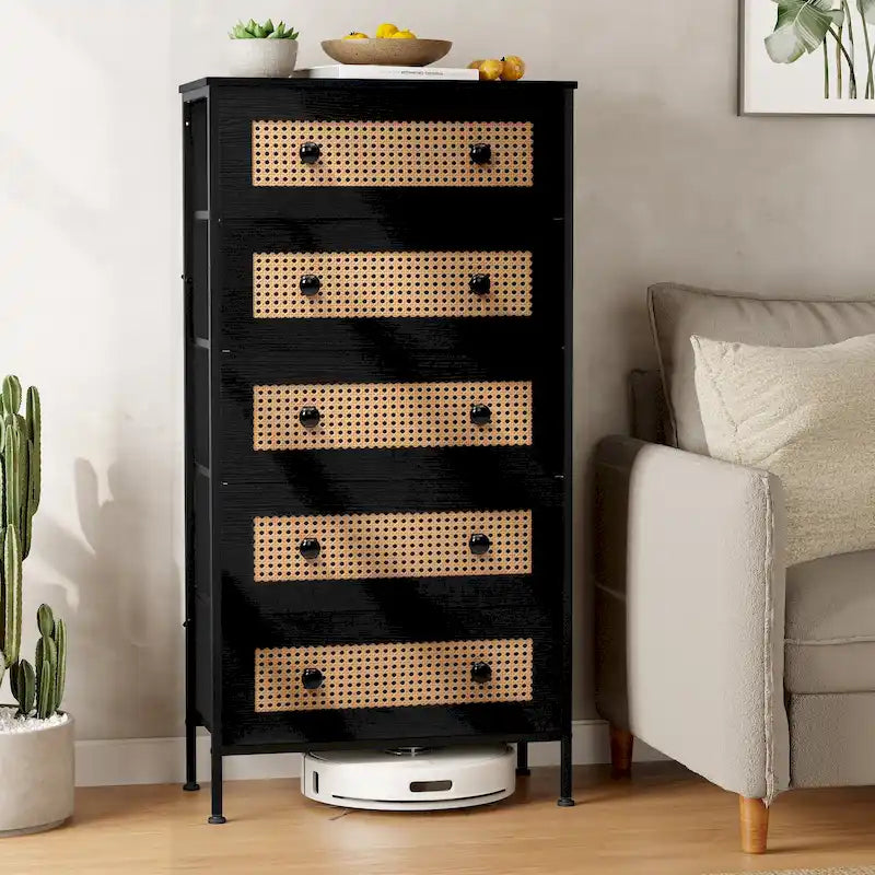 5-Drawer Faux Rattan Dresser with Wood Handles