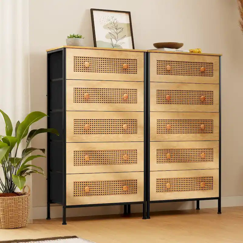 5-Drawer Faux Rattan Dresser with Wood Handles