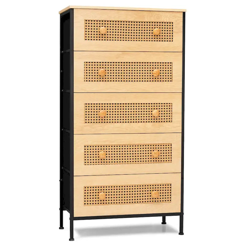 5-Drawer Faux Rattan Dresser with Wood Handles