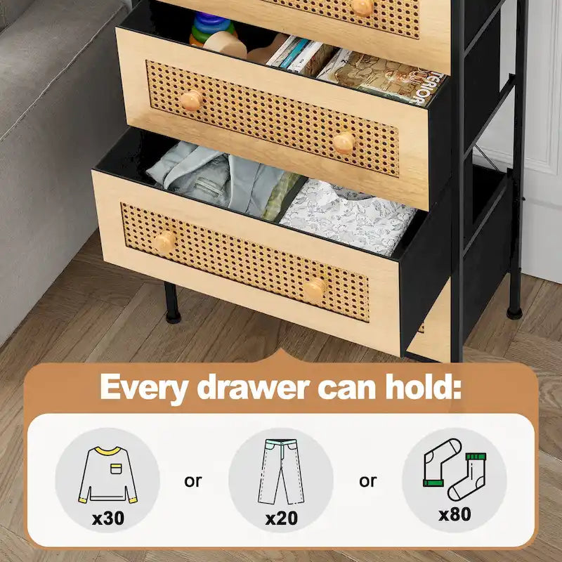 5-Drawer Faux Rattan Dresser with Wood Handles