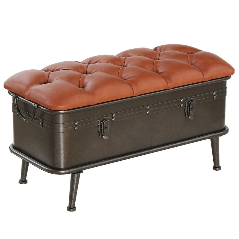 Beige Sitzbank mit getuftetem Kunstleder und Metall in Used-Optik