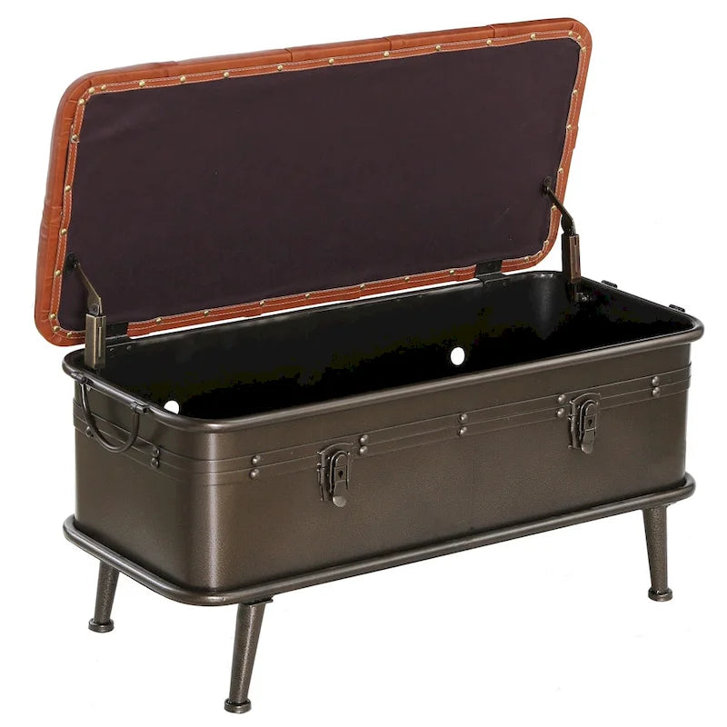 Beige Sitzbank mit getuftetem Kunstleder und Metall in Used-Optik