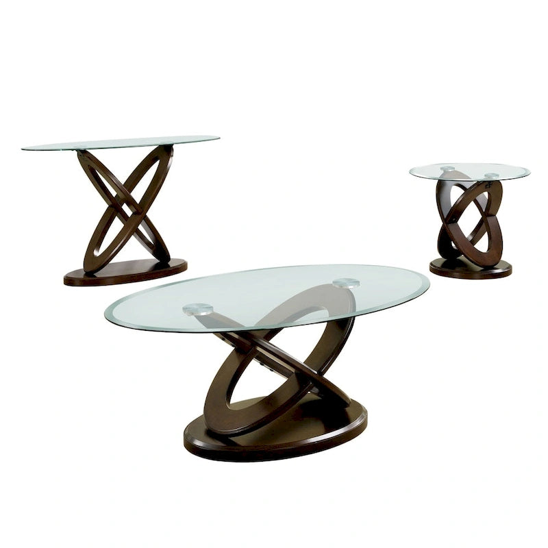 Contemporary Dark Walnut 48-inch Glass Top 3-Piece Accent Table Set