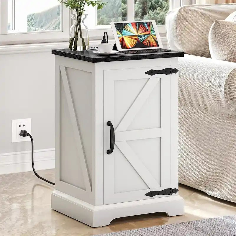 Farmhouse End Table with Charging Station and Adjustable Shelf