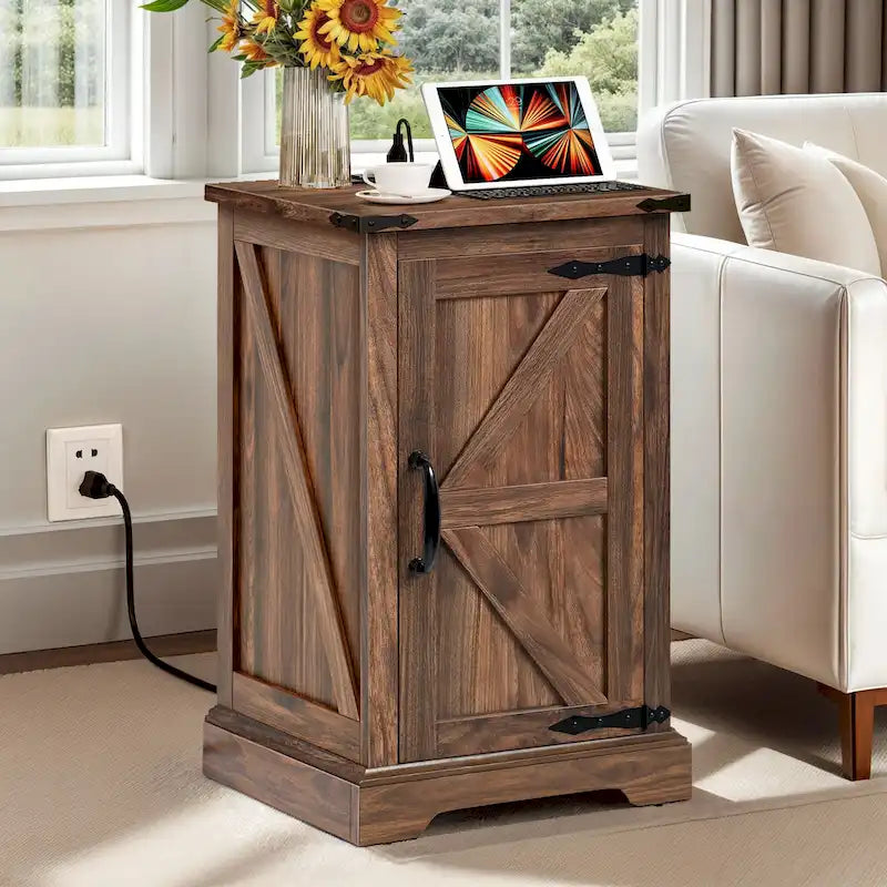 Farmhouse End Table with Charging Station and Adjustable Shelf