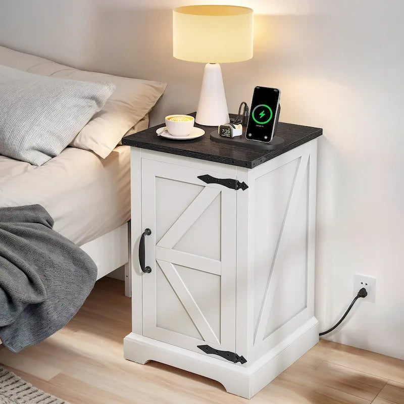 Farmhouse End Table with Charging Station and Adjustable Shelf