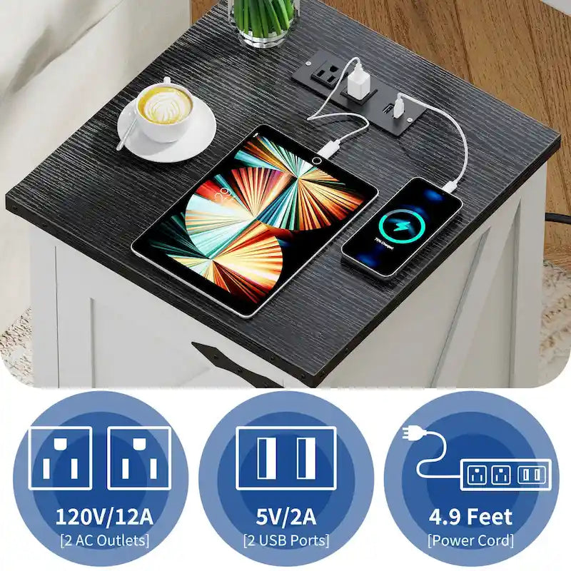 Farmhouse End Table with Charging Station and Adjustable Shelf