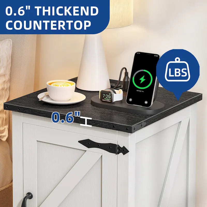 Farmhouse End Table with Charging Station and Adjustable Shelf